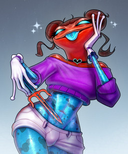 4_fingers anthro blade blep blue_body blue_sclera blue_skin blue_tongue bottomwear bulge choker clothed clothing crop_top eyelashes femboy fingers gloves hair hair_bun handwear holding_object holding_weapon jewelry male melee_weapon midriff navel necklace off_shoulder red_body red_hair red_skin shirt shorts simple_background solo sweater sword tongue tongue_out topwear weapon derek_hetrick anura_(rogalarts) amphibian frog poison_dart_frog 2023 5:6 hi_res