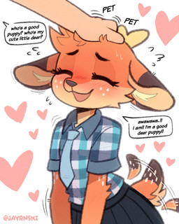 ambiguous_gender anthro anthro_focus antlers black_bottomwear black_clothing black_skirt blush bottomwear clothed clothed_anthro clothed_female clothing dialogue dipstick_ears dipstick_tail duo ear_markings eyebrows eyelashes eyes_closed female female_anthro female_focus freckled_face freckles hand_on_head headpat heart_symbol horn markings multicolored_ears necktie open_mouth open_smile pattern_clothing pattern_shirt pattern_topwear plaid plaid_clothing plaid_shirt plaid_topwear shirt simple_background skirt smile solo_focus speech_bubble tail tail_markings tail_motion tailwag text topwear white_background jayrnski maple_(jayrnski) deer mammal 2025 english_text hi_res nonbinary_(lore)