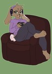 anthro armchair barefoot big_breasts black_eyebrows black_nose bottomwear breasts brown_body brown_chair brown_fur brown_inner_ear chair clothed clothing controller eyebrows feet female floppy_ears fully_clothed fur furniture game_controller gaming green_background green_eyes grey_bottomwear grey_clothing grey_pants head_tuft hindpaw holding_controller holding_game_controller holding_object humanoid_hands lop_ears on_chair open_mouth open_smile pants paws pink_tongue playing_video_game purple_clothing purple_headphones purple_sweater purple_topwear scut_tail short_tail simple_background sitting sitting_on_chair smile solo sweater tail teeth tongue topwear tuft onigiriad domestic_rabbit lagomorph leporid lop_rabbit mammal oryctolagus rabbit 2021 clip_studio_paint_(artwork) digital_drawing_(artwork) digital_media_(artwork) flat_colors full-length_portrait hi_res portrait