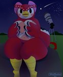 accessory animal_crossing anthro avian beak big_breasts bird bow_accessory bow_ribbon breasts celeste_(animal_crossing) covering covering_breasts covering_self digital_media_(artwork) feathers female genitals hair_accessory hi_res huge_breasts looking_at_viewer night nintendo nude owl shooting_star simple_background sky solo star tail telescope thick_thighs wide_hips wolfbaloo