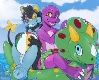 anthro ball beach_ball claws clean_diaper clothed clothing diaper duo inflatable inflatable_diaper inflatable_toy male pattern_diaper pool_toy sea smile swim_ring swim_ring_with_face teeth water wearing_diaper obedientmirelle nintendo pokemon zoran animate_inanimate dinosaur generation_4_pokemon living_inflatable luxray pokemon_(species) prehistoric_species reptile scalie theropod tyrannosaurid tyrannosauroid tyrannosaurus tyrannosaurus_rex absurd_res hi_res