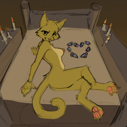 4_toes anthro bed digitigrade feet female furniture holidays inviting looking_at_viewer lying lying_on_bed nude on_bed romantic skooma solo toes katlek microsoft prequel_adventure the_elder_scrolls valentine's_day katia_managan felid khajiit mammal sketch