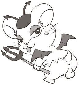 anthro anus backsack balls blep blush blush_stickers clothing genitals hat headgear headwear male melee_weapon perineum polearm solo tongue tongue_out trident weapon wings x_anus mincheeto hamtaro_(series) spat_(hamtaro) cricetid demon hamster mammal rodent hi_res