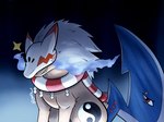 blade blue_fire brown_body brown_fur colored_fire feral fire fur grin hair mask sharp_teeth smile solo tail tail_blade teeth weapon_tail white_hair yin_yang gekkart bandai_namco digimon digimon_(species) reppamon 4:3 absurd_res hi_res