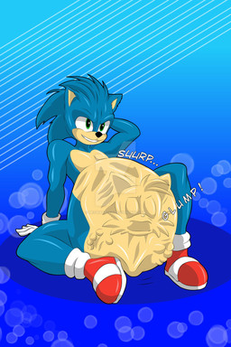 abdominal_bulge anthro blue_background blue_body blue_fur clothing duo face_imprint footwear fur green_eyes grin hand_behind_head hand_imprint imprint male male/male male_pred male_prey onomatopoeia red_clothing red_footwear red_shoes red_sneakers shoes simple_background sitting smile sneakers sound_effects text unwilling_prey vore meowartz831 sega sonic_the_hedgehog_(film) sonic_the_hedgehog_(series) miles_prower sonic_the_hedgehog canid canine eulipotyphlan fox hedgehog mammal 2026 2:3 colored hi_res