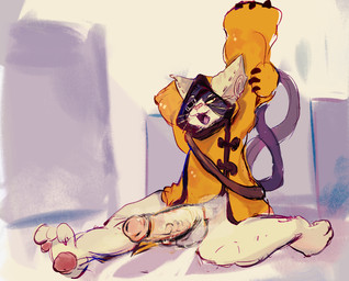2_tails anthro balls bodily_fluids bottomless clothed clothing clothing_lift erection eye_patch eyewear genitals hoodie looking_at_viewer male multi_tail musk pawpads paws penis solo stretching sweat tail topwear topwear_only fisherkitu arc_system_works blazblue jubei_(blazblue) domestic_cat felid feline felis mammal