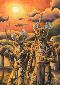 5_fingers aiming anthro armlet arrow_(weapon) blep blue_eyes bottomwear bow_(weapon) bracelet brown_body brown_fur building clothed clothing cloud day detailed_background ear_piercing ear_ring fingers fur fur_markings gesture grass hand_gesture hill holding_arrow holding_bow_(weapon) holding_melee_weapon holding_object holding_polearm holding_ranged_weapon holding_spear holding_weapon hut jewelry loincloth looking_aside looking_at_another male markings melee_weapon necklace notched_ear one_eye_closed open_mouth orange_eyes outside piercing plant pointing polearm ranged_weapon ring_piercing sky spear standing sun tail teeth tongue tongue_out weapon 0laffson african_wild_dog canid canine mammal 2021 dated hi_res signature traditional_media_(artwork)