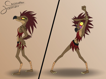 3_fingers ankle_wraps anthro bottomwear brown_body brown_feathers clothed clothed_anthro clothed_female clothing digitigrade eye_scar facial_scar feather_hair feathered_crest feathers female female_anthro fingers hand_on_butt hand_on_own_butt head_crest navel non-mammal_navel one_eye_closed pose pseudo_hair red_sclera scales scar simple_background skirt solo standing stretching tan_body tan_scales yellow_eyes christopher_schneider halo_(series) microsoft xbox_game_studios alien avian kig-yar scalie t'vaoan 4:3 absurd_res colored hi_res pinup