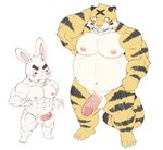 anthro balls belly big_belly big_penis blush duo erection genitals kemono male male/male moobs muscular muscular_male navel nipples overweight overweight_male penis penis_size_difference hupi1008 felid lagomorph leporid mammal pantherine rabbit tiger 2023 hi_res