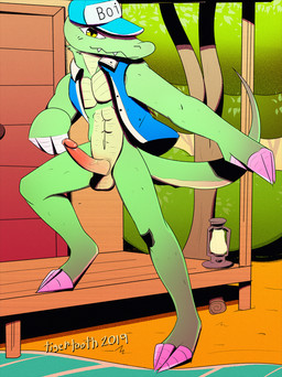 abs anthro balls blush bottomless building claws clothed clothing country detailed_background door erection fangs forest genitals green_body hat headgear headwear house humanoid_genitalia humanoid_penis jacket lake lamp lantern leaf looking_at_viewer male mostly_nude muscular muscular_anthro muscular_male outside pecs penis plant scales shirt smile solo swamp teeth text topwear tree tigertooth alligator alligatorid crocodile crocodilian reptile scalie 2019 digital_media_(artwork) english_text hi_res
