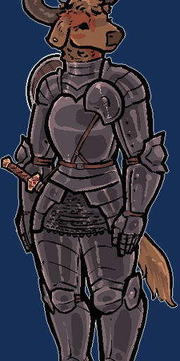 anthro armor biped brown_body brown_fur ear_piercing female fingers fur hooves horn melee_weapon piercing simple_background solo sword tail transparent_background weapon jam_(artist) bovid bovine cattle mammal alpha_channel