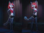 3d_(artwork) anthro biped black_bottomwear black_clothing black_shorts blue_eyes blue_eyeshadow bottomwear breasts clothed clothing countershade_face countershade_fur countershade_neck countershade_torso countershading detailed_background digital_media_(artwork) digitigrade domestic_cat eyeshadow facial_piercing fangs feet felid feline felis female fingers fluffy fluffy_tail full-length_portrait fur furniture glistening glistening_eyes grey_body grey_fur hair inside lip_piercing lips looking_at_viewer makeup mammal midriff multiple_images navel nipples one_breast_out open_mouth open_smile partially_clothed piercing pink_inner_ear pink_nose portrait pose red_clothing red_hair red_lips red_topwear runsammya shaded shorts skimpy small_breasts small_waist smile sofa solo standing tail teeth toes topwear undressing white_body white_fur
