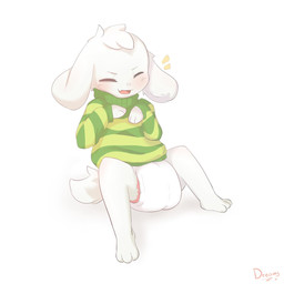 3_toes anthro biped blush clean_diaper clothing diaper eyes_closed feet fur green_clothing green_sweater green_topwear male open_mouth pattern_clothing pattern_sweater pattern_topwear shirt shota simple_background sitting solo striped_clothing striped_sweater striped_topwear stripes sweater toes topwear white_body white_fur young young_anthro young_male dreamyart undertale undertale_(series) asriel_dreemurr boss_monster_(undertale) bovid caprine mammal 1:1 hi_res
