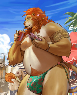 abs anthro areola arm_tattoo arm_tuft ball beach beach_ball beach_umbrella beverage body_hair bracelet braided_hair clothing cloud cooler drinking elbow_tuft electronics eyewear forearm_muscles green_eyes hair happy_trail holding_object inflatable jewelry jockstrap male mane mostly_nude musclegut muscular muscular_anthro muscular_male nipples orange_hair parasol pecs phone phone_case pube_peek pubes slightly_chubby slightly_chubby_male solo_focus speedo sunglasses swimwear tail tattoo tuft underwear kristakeshi background_character canid canine canis domestic_dog felid lion mammal pantherine tiger hi_res