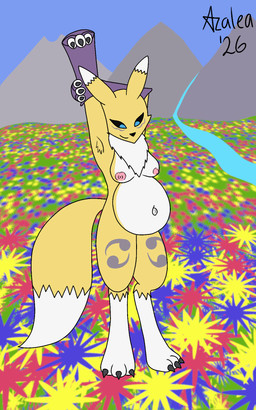 belly breasts chest_tuft clothed clothing female fluffy fluffy_chest meadow mountain nipples nude outside pregnant stretching topless tuft flamingazalea bandai_namco digimon digimon_(species) renamon 5:8 hi_res