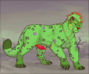 alternate_color claws desert desert_background dipstick_tail ear_piercing feral fur genitals green_body green_fur green_markings highlights_(coloring) male markings mohawk multicolored_body multicolored_fur multicolored_penis multiple_piercings orange_eyes orange_markings orange_penis outside penile_spines penis piercing plant purple_claws purple_markings red_penis solo swirl_(marking) swirl_pattern tail tail_markings toe_markings tree vein veiny_penis wasteland firefangdragon felid mammal pantherine snow_leopard hi_res