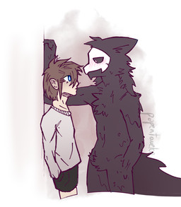 anthro black_body black_fur black_sclera blue_eyes bone bone_mask bottomwear brown_hair clothing duo eye_contact fluffy fluffy_tail fur hair hand_in_pocket kabedon looking_at_another male male/male mask pinned pinned_to_wall pockets shirt shorts simple_background skull skull_mask tail text topwear white_eyes white_sclera papertowel00 changed_(video_game) lin_(changed) puro_(changed) canid canine canis dark_latex goo_creature human mammal wolf 2025 artist_name