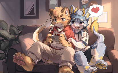 anthro bottomwear cellphone clothed clothing duo electronics eyewear eyewear_on_head fully_clothed furniture goggles goggles_on_head holding_object holding_phone hoodie horn hug inside kemono male male/male on_sofa open_mouth pants pawpads phone shorts sitting sitting_on_sofa smartphone sofa speech_bubble topwear young young_anthro young_male gbarrr1 felid mammal 2026 hi_res