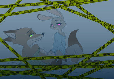 anthro arm_support barefoot bottomwear brown_body brown_fur clothed clothing duo feet female fur green_eyes grey_body grey_fur looking_at_viewer male male/female on_top pants pink_eyes smile straddling puki disney zootopia judy_hopps nick_wilde canid canine fox lagomorph leporid mammal rabbit red_fox true_fox 2016