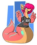 4_ears anthro apode black_clothing clothing double_v_sign female gesture green_body green_eyes hair hand_gesture legless mint_body multi_ear multicolored_body pink_body pink_hair serpentine shirt smile solo split_form tail text text_on_clothing text_on_shirt text_on_topwear thick_tail topwear v_sign yellow_body dogfluid tessa_(castesystem) draconcopode lamia reptile scalie snake 2018 english_text hi_res