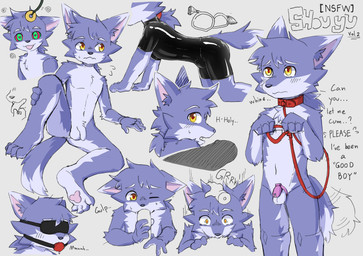 anthro ball_gag balls blindfold blue_body blue_fur blush bodily_fluids chastity_cage chastity_device collar condom deep_throat embarrassed erection filled_condom first_person_view flaccid floating_hands fur gag gagged genitals hair hypnosis leash leashed_collar looking_at_viewer looking_back looking_back_at_viewer male mind_control nude_male oral oral_penetration paw_pose pawpads penetration penis pose presenting red_ball_gag red_collar sexual_barrier_device solo spread_legs spreading sweat tail tail_motion tailwag text tied_hair worried young young_anthro young_male tamakichannnn canid canine canis mammal wolf 2026 english_description english_text hi_res