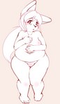 2023 4:7 anthro barely_visible_genitalia barely_visible_pussy belly big_belly blush breasts butter_(maverick) covering covering_breasts embarrassed female front_view full-length_portrait genitals glistening glistening_eyes hand_on_belly hand_on_breast hi_res knock-kneed lagomorph leporid looking_at_viewer mammal maverick navel nude overweight overweight_female pear-shaped_figure plantigrade portrait pussy rabbit simple_background sketch small_breasts solo spot_color standing tan_background wide_hips