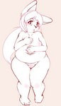 anthro barely_visible_genitalia barely_visible_pussy belly big_belly blush breasts covering covering_breasts embarrassed female front_view genitals glistening glistening_eyes hand_on_belly hand_on_breast knock-kneed looking_at_viewer navel nude overweight overweight_female pear-shaped_figure plantigrade pussy simple_background small_breasts solo standing tan_background wide_hips maverick butter_(maverick) lagomorph leporid mammal rabbit 2023 4:7 full-length_portrait hi_res portrait sketch spot_color