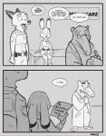anteater anthro bulletproof_vest canid canine clothed clothing comic dialogue dipstick_ears disney doctor ear_markings english_text exam_table examination_table female fox furniture group hospital judy_hopps lagomorph leporid long_snout male mammal metal_table monochrome multicolored_ears nick_wilde on_table patient pilosan police police_uniform rabbit red_fox rockbottomfeeder sitting sitting_on_table snout speech_bubble table text true_fox uniform xenarthran zootopia