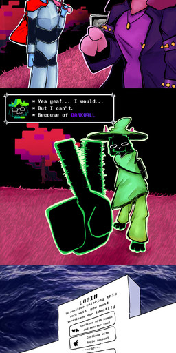 anthro armor backpack blue_hair bottomwear breastplate breasts cloak clothing covered_eyes dark dark_body dark_skin dialogue doorway forest gesture green_bottomwear green_cloak green_clothing green_pants hair hand_gesture horn humor jacket login longsword medallion medium_breasts melee_weapon pants pink_body pink_grass pink_skin plant pointing purple_clothing purple_hair purple_jacket purple_topwear red_scarf scarf simple_eyes speech_bubble sword sword_on_shoulder text text_on_wall topwear tree wall_(structure) wave weapon weapon_on_shoulder alberto_omega deltarune mythology undertale_(series) kris_dreemurr noelle_holiday ralsei susie_(deltarune) animal_humanoid bovid caprine deer dragon dragon_humanoid goat humanoid mammal mythological_creature mythological_scalie scalie soul_(undertale) 1:3 absurd_res comic english_text hi_res shaded