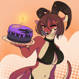 anthro big_breasts birthday_cake bob_cut breasts brown_hair cake candle clothing dessert female female_anthro food hair horn machine navel non-mammal_breasts non-mammal_hair non-mammal_navel orange_body orange_scales plate scales simple_background solo tail underwear white_body white_scales yellow_eyes speisesodalol molten_(darkenwynder) tartaluga kobold protogen scalie 1:1 2026 hi_res