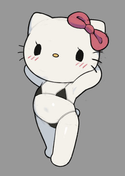 anthro bikini black_bikini black_clothing black_swimwear blush bow_ribbon clothed clothing colored_edge_bikini female flat_chested grey_background looking_at_viewer one_eye_closed raised_arms simple_background solo standing swimwear triangle_bikini two-piece_swimsuit white_body wink young young_female gaturo hello_kitty_(series) sanrio hello_kitty_(character) domestic_cat felid feline felis mammal 2025 colored hi_res sketch