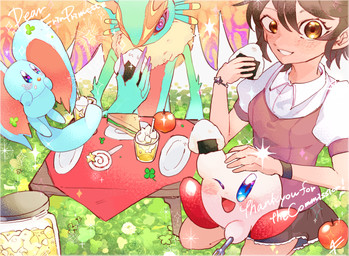 ambiguous_gender anthro antlers beverage black_sclera blue_eyes blush blush_stickers bracelet brown_hair candy canon_x_oc chest_tuft clover_(plant) colored_nails countershading cutlery dessert eating female feral fingernails fluffy fluffy_tail food fork fruit fur furniture group hair happy head_wings holding_another horn huge_wings jewelry kitchen_utensils kneeling lollipop looking_at_viewer mouthless multicolored_body multicolored_eyes multicolored_fur nails neck_tuft one_eye_closed onigiri open_mouth open_smile outside picnic pink_body pink_eyes pink_pupils plant plate pupils purple_fingernails purple_nails rice sandwich_(food) short_hair sitting_on_another size_difference smile table tail tan_body tan_fur tan_skin teal_body teal_eyes teal_fur text tomato tools tuft unusual_wing_placement wings wink winking_at_viewer yellow_eyes foo0ooch kirby_(series) kirby_and_the_forgotten_land nintendo elfilin fecto_elfilis kirby vesa_(erinprimette) alien chinchillid human mammal rodent starling_(kirby) waddling_head 2025 artist_name digital_media_(artwork) english_text signature
