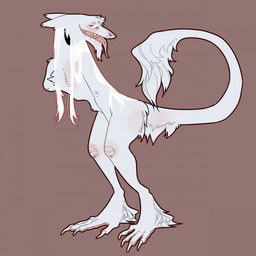 amputee anthro brown_background disability fur grey_body grey_fur hair hand_between_legs long_hair male missing_arm scar scars_all_over sharp_teeth simple_background solo standing teeth tongue tongue_out white_hair hamham_gd eek_(hamham_gd) sergal 1:1 hi_res