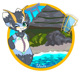 4_ears :3 antennae_(anatomy) anthro beach belly bikini black_body black_fur black_hair blue_body blush clothing curly_hair female fur fur_tuft green_eyes hair markings micro_bikini mountain multi_ear multicolored_body multicolored_ears multicolored_fur one_eye_closed purple_markings short_hair shrine sky slightly_chubby solo swimwear thick_thighs torii tuft two-piece_swimsuit white_body wink yellow_antennae !dodn erro_(!dodn) aquatic aquatic_gastropod gastropod mollusk sea_snail snail hi_res