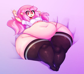 belly big_belly big_breasts breasts female hair huge_thighs humanoid_pointy_ears hyper hyper_thighs looking_at_viewer lying navel not_furry on_back open_mouth overweight overweight_female overweight_humanoid pink_hair pointy_ears red_eyes solo thick_thighs under_boob wide_hips mysterydad elise_(mysterydad) humanoid vampire hi_res