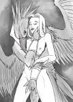 anthro anthro_fingering anthro_fingering_human armband beak bracelet breasts caressing_cheek caressing_face duo feathered_wings feathers female fingering hand_on_cheek hug human_fingered human_on_anthro interspecies jewelry looking_at_another looking_at_partner male male/female male_fingering_female nipples nude sex smile spread_wings standing vaginal vaginal_fingering wings syrinoth mythology avian gryphon human mammal mythological_avian mythological_creature greyscale monochrome spot_color