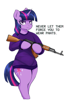 ak-47 ak_platform assault_rifle bottomless bottomless_female clothed clothing cutie_mark female feral gun hair horn purple_body purple_clothing purple_eyes purple_hair ranged_weapon rifle simple_background solo standing text weapon white_background czu friendship_is_magic hasbro my_little_pony mythology twilight_sparkle_(mlp) equid equine mammal mythological_creature mythological_equine unicorn absurd_res english_text hi_res