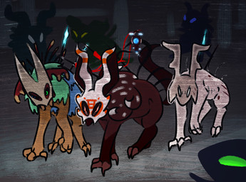 ambiguous_gender animal_skin antlers blue_body blue_eyes blue_fur brown_body feral frill_(anatomy) fur glowing green_body green_eyes green_fur grey_background grey_body grey_fur group heterochromia horn machine markings mask melee_weapon orange_eyes orange_markings polearm red_ribbon scar silhouette simple_background spear symbol trio_focus walking weapon white_body white_eyes kayw2324 rain_world videocult fan_character saged_ember_(kayw2324 string_tether_(kayw2324 scavenger_(rain_world) hi_res