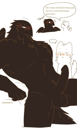 ambiguous_gender anthro balls black_body black_feathers blush duo erection feathers fur genitals male married_couple nude penis presenting shy speech_bubble tail text white_body white_fur wings lovebuffpg45 karagarasu_(pegu2726) tarte_(pegu2726) avian bird corvid corvus_(genus) crow oscine passerine english_text hi_res