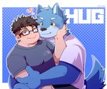 anthro blush clothing duo eyewear glasses heart_symbol hug human_on_anthro humanoid_hands interspecies kemono male male/male shirt topwear green_bell canid canine canis domestic_dog human mammal 2023 hi_res