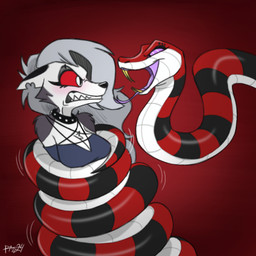 anthro anthro_on_feral bared_fangs bared_teeth bestiality black_body black_scales breasts canon_x_oc cleavage clenched_teeth clothed clothing coiling coiling_around_body collar crop_top duo eye_contact eyelashes fangs female female/female female_dominating_female feral feral_dominating_anthro forked_tongue fur grey_body grey_fur grey_hair hair imminent_death imminent_vore long_hair looking_at_another motion_lines notched_ear open_mouth peril pupils red_background red_body red_scales red_sclera restrained_arms ringed_eyes scales shirt simple_background slit_pupils spiked_collar spikes striped_body stripes struggling struggling_prey teeth tongue tongue_out topwear white_body white_eyes white_fur white_scales boxidle hellaverse helluva_boss mythology fan_character loona_(helluva_boss) canid canid_demon canine canis demon hellhound mammal mythological_canine mythological_creature reptile scalie snake wolf 1:1 hi_res
