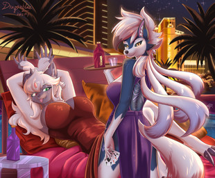 alcohol anthro beverage big_breasts blep blue_body blue_fur breasts building card cheek_tuft cleavage clothed clothing detailed_background dress duo facial_tuft female fingerless_(marking) fur gloves_(marking) green_eyes grey_body grey_fur hair heterochromia horn leg_markings lying markings night on_back outside palm_tree pillow plant plate poolside purple_clothing purple_dress red_clothing red_dress red_eyes sky socks_(marking) standing star starry_sky tail tongue tongue_out tree tuft white_body white_fur white_hair yellow_eyes dragonblue900 nintendo pokemon iiva_karinaz_(eevening) absol generation_3_pokemon generation_7_pokemon lycanroc midnight_lycanroc pokemon_(species) shiny_pokemon absurd_res colored digital_media_(artwork) hi_res shaded