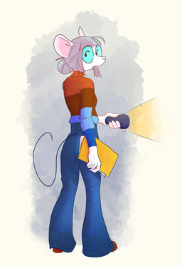 5_fingers anthro bell-bottoms biped book clothed clothed_anthro clothed_female clothing eyebrow_through_hair eyebrows eyewear female female_anthro fingers flashlight footwear fully_clothed fully_clothed_anthro fully_clothed_female fur glasses grey_hair hair line_tail looking_back open_mouth rear_view round_glasses shoes snout solo sweater tail thin_tail topwear translucent translucent_hair wearing_glasses white_body white_fur ethan8bit esther_(ethan8bit) mammal mouse murid murine rodent hi_res