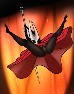2_horns anus biped black_body black_eyes clothing female genitals holding_melee_weapon holding_object holding_weapon horn melee_weapon red_clothing solo spread_legs spreading vulva weapon kojot hollow_knight_(franchise) team_cherry hornet_(hollow_knight) arthropod 2025 hi_res