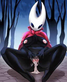 anthro black_body bodily_fluids breasts cum cum_inside female genital_fluids genitals leaking_cum leaking_vagina looking_at_viewer solo spread_legs spread_vulva spreading vulva conditional_dnp froxifox hollow_knight_(franchise) team_cherry hornet_(hollow_knight) arthropod absurd_res hi_res
