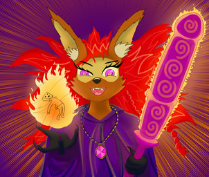 cast clothing dress female fire fireball hair insane jewelry laugh magic magic_user magician purple_eyes red_hair solo spell witch miyuka prostokvashino tama-tama canid canine hybrid kangaroo macropod mammal marsupial rodent sciurid hi_res