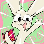 anthro big_ears blush book eyelashes gesture glistening glistening_eyes pencil_(object) solo tan_body text transformation waving waving_at_viewer roksim lagomorph leporid mammal rabbit 1:1 animated icon short_playtime