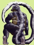 anthro black_body black_fur brown_body brown_fur buckteeth feet fur green_background hair kneeling long_tail looking_back male nipples nude rear_view simple_background solo tail teeth white_body white_fur jeri_kleinlowe hybrid mammal mephitid murid murine rat rodent skunk colored hi_res