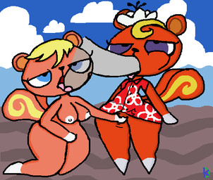anthro ball_suck balls bottomless cheek_bulge clothed clothing collaborative collaborative_fellatio collaborative_oral collaborative_sex disembodied_penis fellatio female genitals group half-closed_eyes indirect_selfcest licking male male/female narrowed_eyes nude offscreen_character oral penile penis sex shortstack square_crossover sucking tongue tongue_out trio klutzatdusk animal_crossing nintendo caroline_(animal_crossing) mammal rodent sciurid tree_squirrel