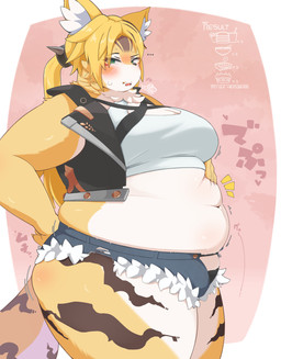 anthro belly beverage big_belly black_clothing black_nose black_topwear blonde_hair blush bodily_fluids brown_highlights burger cake chubby_face clothing crop_top dessert doughnut exhausted facial_tuft feederism female fluffy_ears food fries fupa fur green_eyes hair hand_on_belly hand_on_hip highlights_(coloring) looking_at_viewer multicolored_body multicolored_fur neck_tuft noodles obese overweight pastry ramen shirt soda solo spiked_hairband stripes sweat sweatdrop tail text thick_thighs three-quarter_view tight_clothing topwear torn_clothing tuft two_tone_body two_tone_fur white_body white_clothing white_fur white_topwear yellow_body yellow_fur mokeee57 mihoyo zenless_zone_zero pulchra_fellini felid feline felis mammal sand_cat thiren 2025 hi_res japanese_text